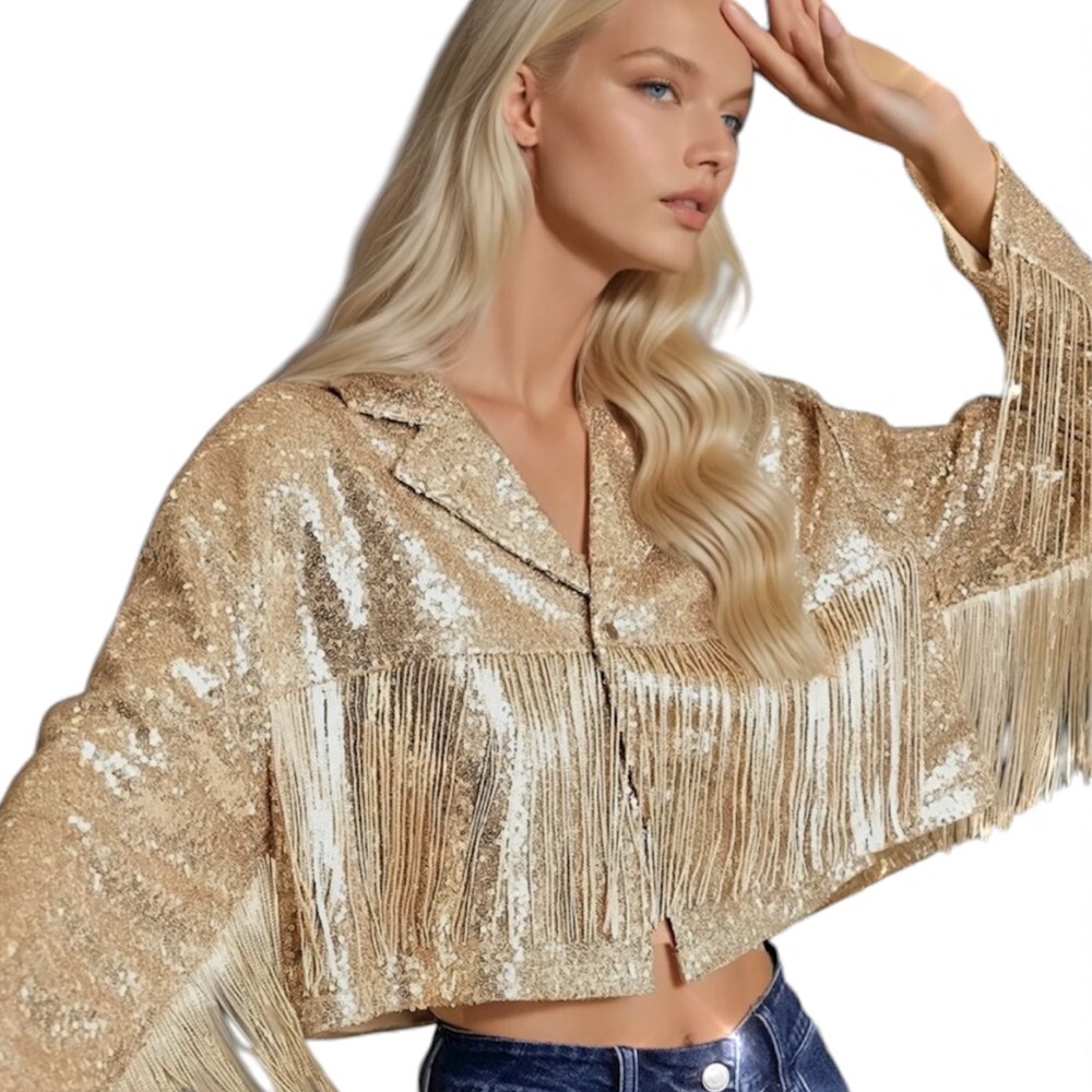 NWT Gold Sequin Fringe Jacket